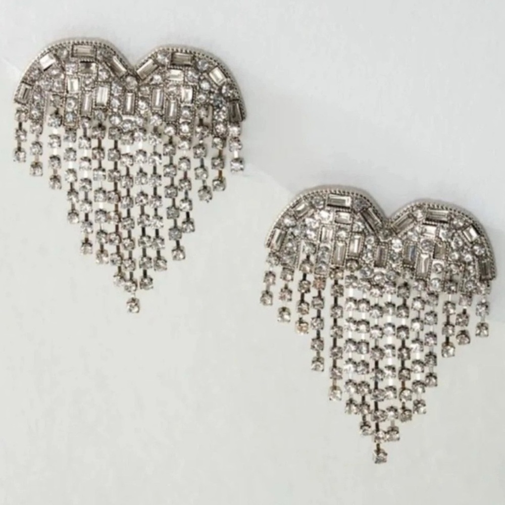 Free People Hearts On Fire Dangle Earrings Rhinestone Heart Fringe Statement